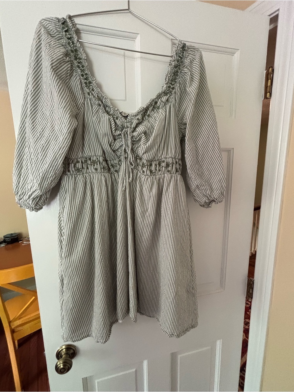 American Eagle Outfitters Green and White Striped Tie-Front Mini Dress